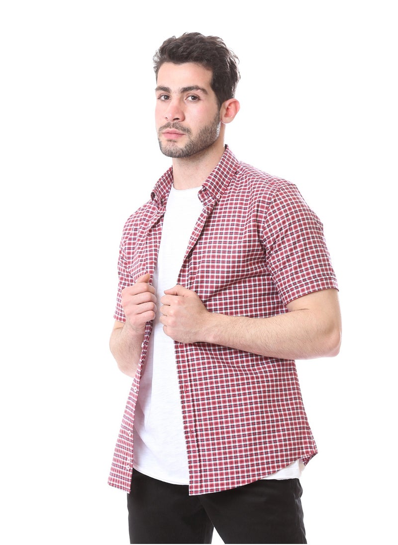 Andora - Plaids Short Sleeves Summer Shirt - Red & Navy Blue - Image 1
