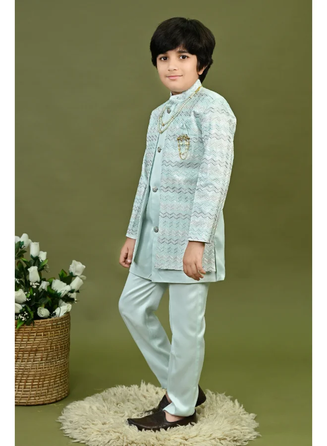 BT DEZINES Light Blue Satin Sherwani Set for Boys