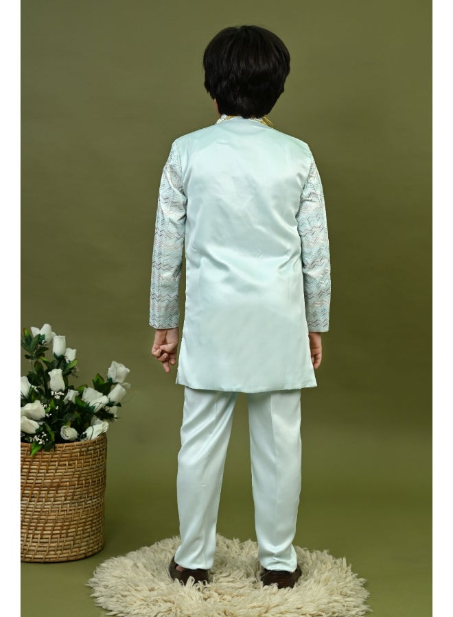 BT DEZINES طقم شرواني ساتان أزرق فاتح للأولاد - Image 3