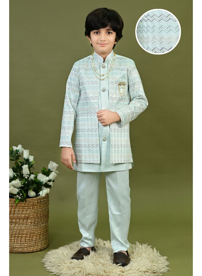 BT DEZINES طقم شرواني ساتان أزرق فاتح للأولاد - Image 2