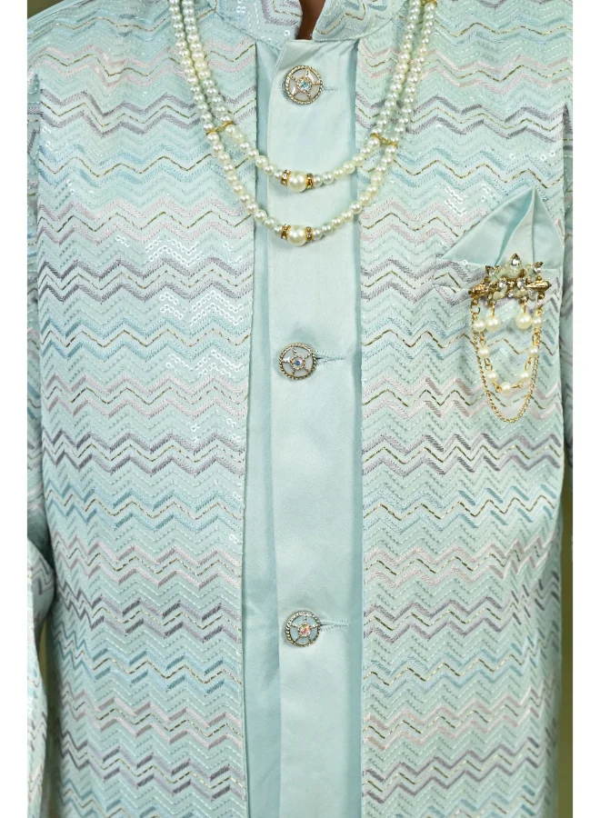 BT DEZINES Light Blue Satin Sherwani Set for Boys