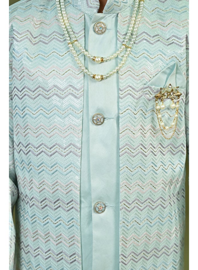 BT DEZINES طقم شرواني ساتان أزرق فاتح للأولاد - Image 4