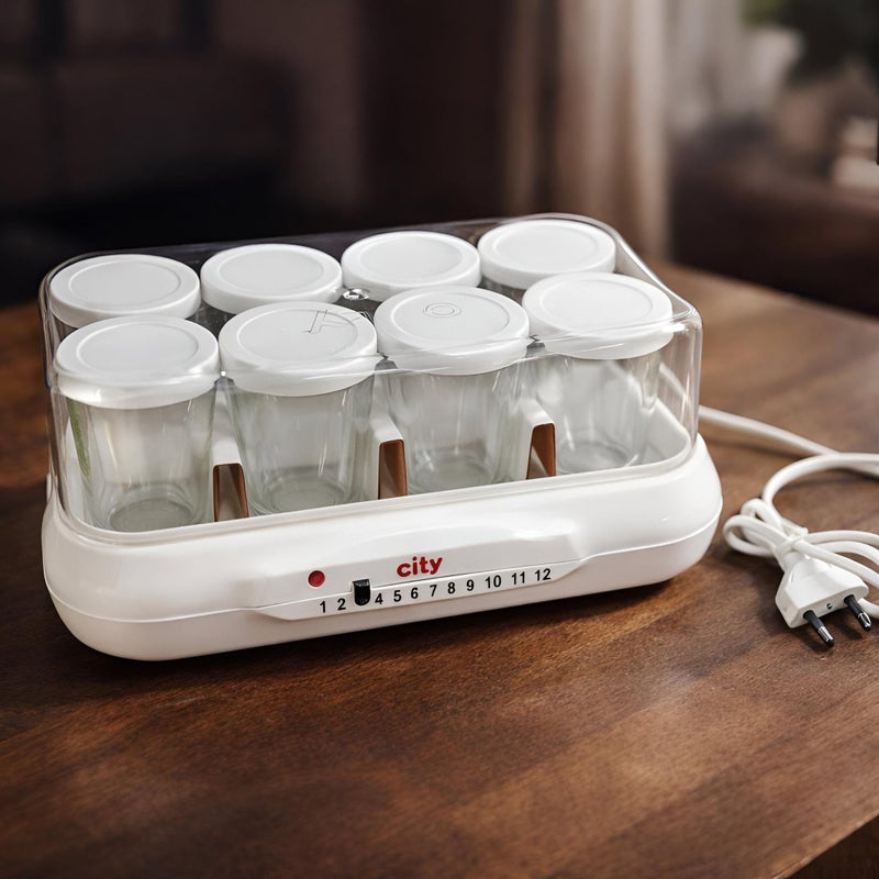 Yogurt Machine - Fully electric yogurt maker featuring 8 durable glass jars with secure lids, ideal for consistent homemade yogurt in a sleek white design. - Image 2