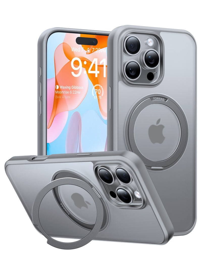 حافظة آيفون 16 برو مغناطيسية قابلة للدوران 360° بحجم 6.3 بوصة، متوافقة مع حافظة MagSafe 16 برو، مقاومة للصدمات بمعيار عسكري 16FT، حلقة قاعدة مدمجة، حماية رقيقة شفافة، تيتانيوم طبيعي، رمادي - Image 1