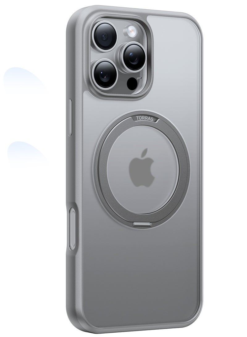 حافظة آيفون 16 برو مغناطيسية قابلة للدوران 360° بحجم 6.3 بوصة، متوافقة مع حافظة MagSafe 16 برو، مقاومة للصدمات بمعيار عسكري 16FT، حلقة قاعدة مدمجة، حماية رقيقة شفافة، تيتانيوم طبيعي، رمادي - Image 4