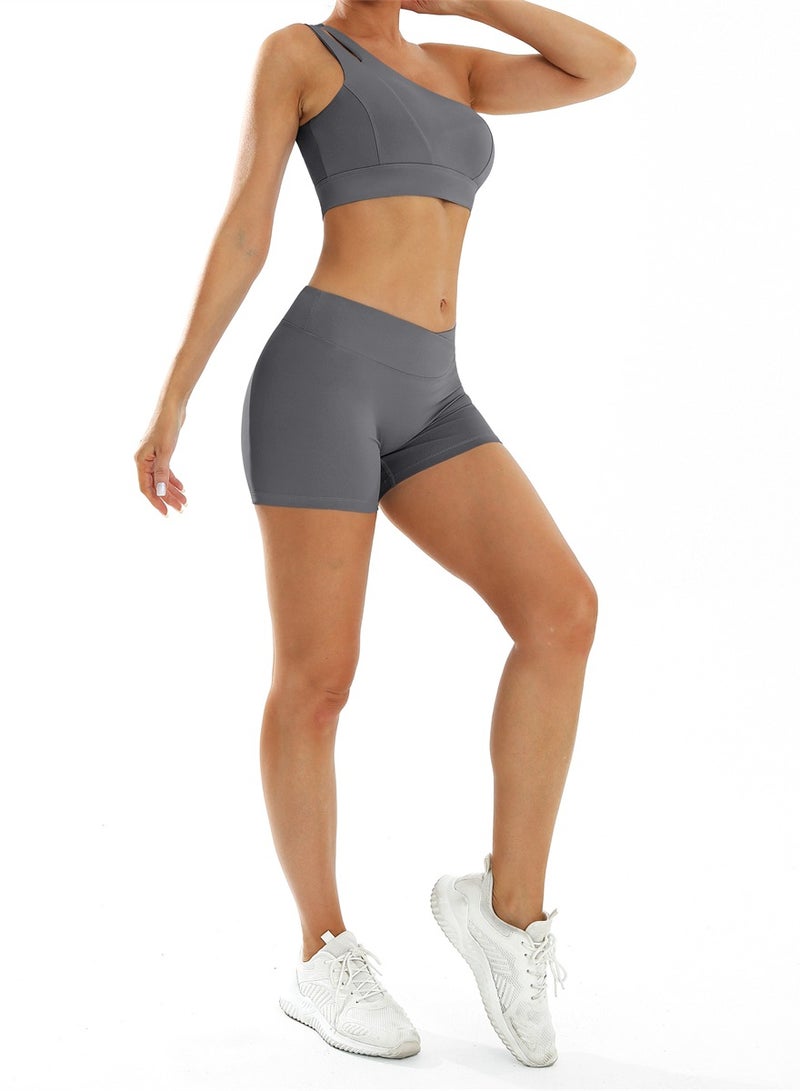 general Workout Sets for Women Crossover High Waist Biker Shorts One Shoulder Sports Bra 2 Piece Gym Yoga Outfits - Image 3