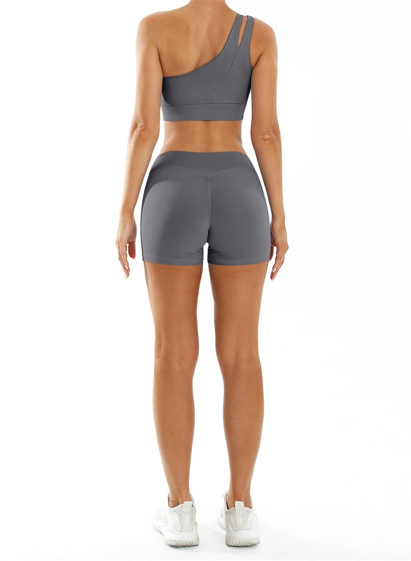 general Workout Sets for Women Crossover High Waist Biker Shorts One Shoulder Sports Bra 2 Piece Gym Yoga Outfits - Image 4