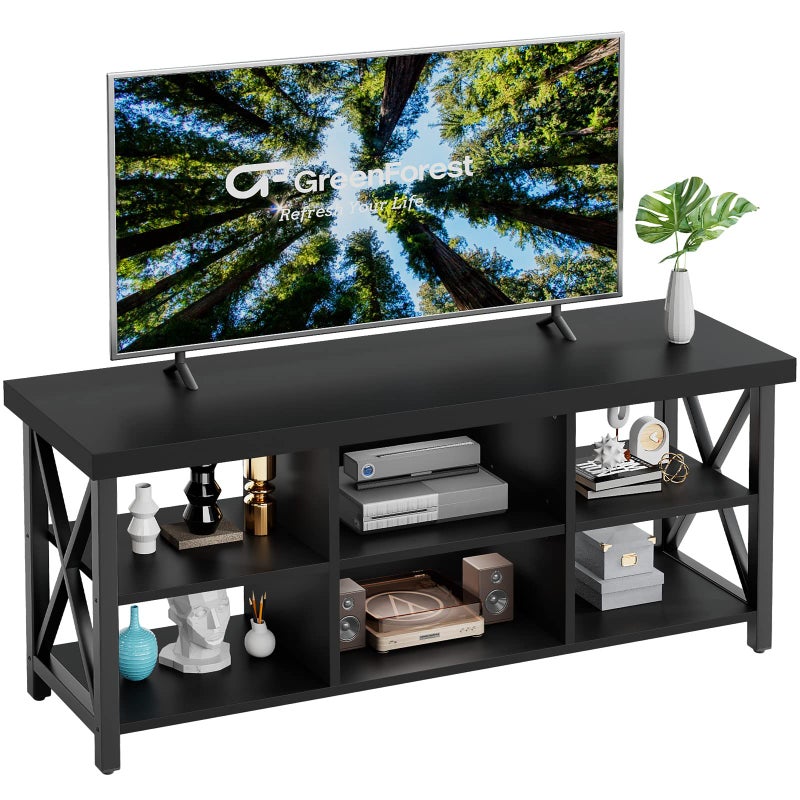 GreenForest TV Stand for TV up to 65 inches Entertainment Center with 6 Storage Cabinet for Living Room 55 inch Farmhouse Television Stands Console Table Industrial TV stands for Living Room Black