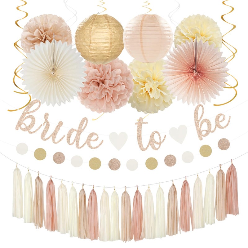 burgleda Champagne-Gold Beige Fall Bridal-Shower Party-Decorations - 36pcs Bride To Be Banner,Bachelorette Paper Lanterns,Wedding Streamers Garland,Boho Peach Tissue Pom Poms Flower Fan Decor Supplies Burgleda - Image 1