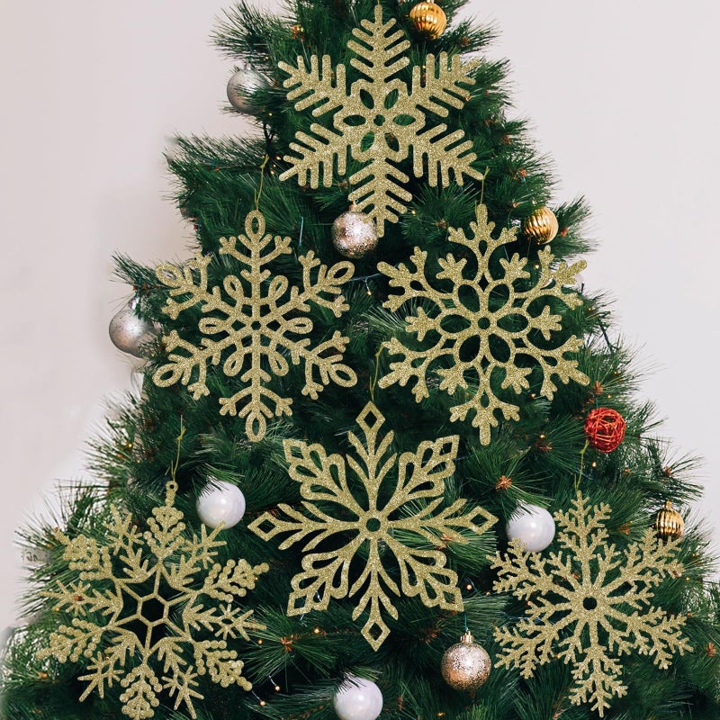kockuu 6pcs Large Gold Snowflakes Christmas Ornaments- 12"" Big Plastic Glitter Hanging Snow Flakes for Christmas Tree Decorations Winter Indoor Outdoor Window Home Decor Giant Craft Snowflakes - Image 1