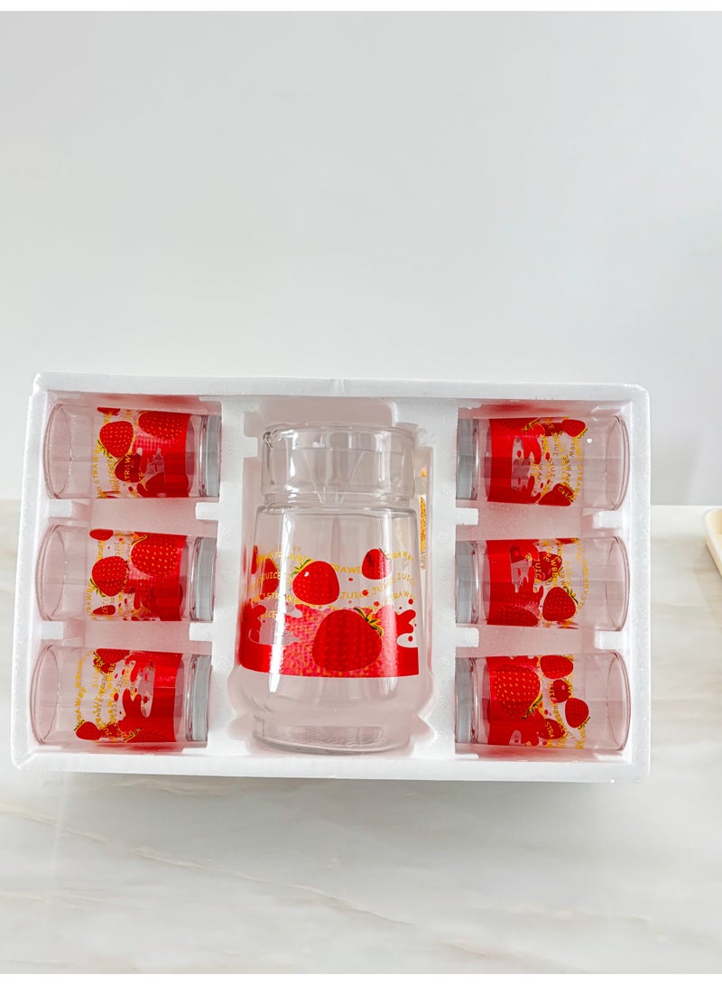 يولولاند طقم أكواب زجاجية مطبوعة بنقشة زهور الفراولة الرائعة، مكون من 7 قطع - إبريق ماء بارد و6 أكواب، مثالي للتجمعات المنزلية والنزهات، مثالي للمياه المبردة والعصير والحليب والمزيد - Image 2