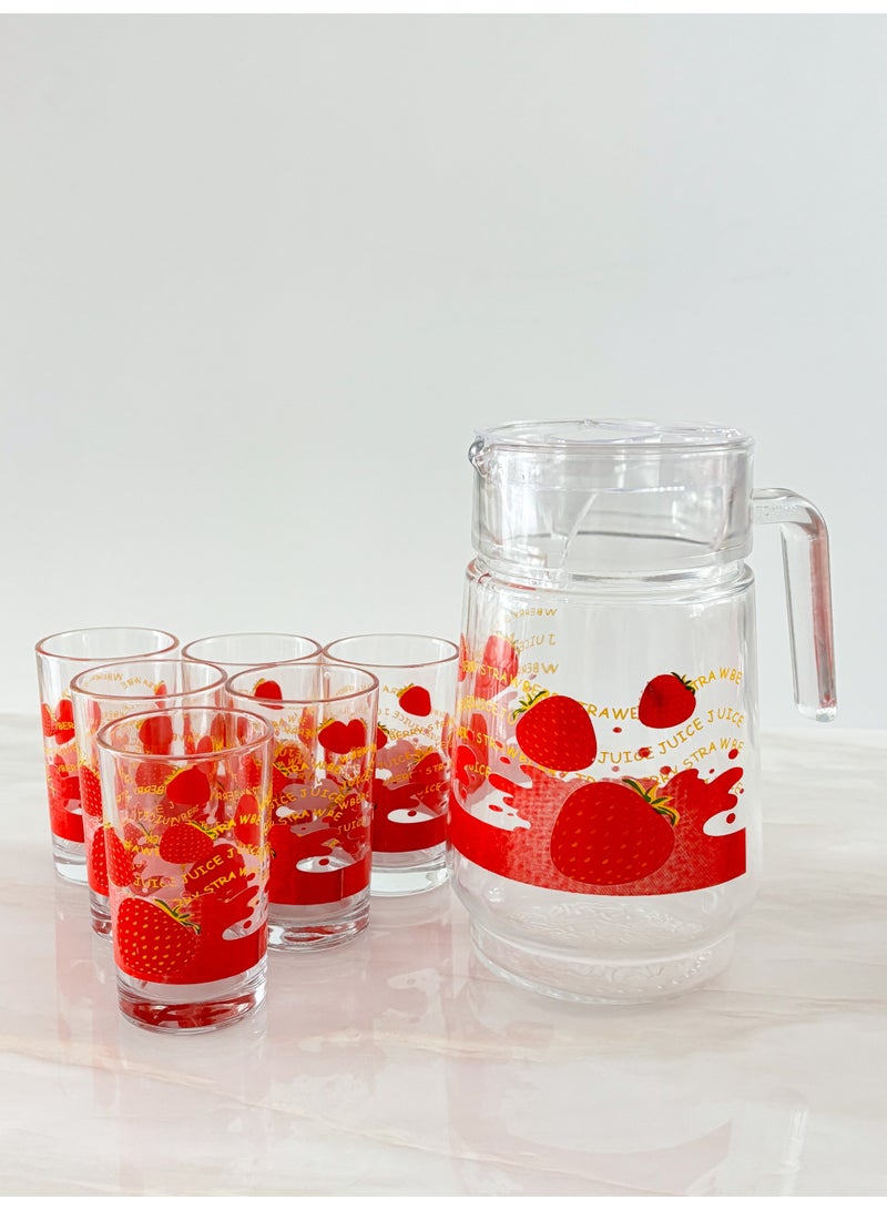 يولولاند طقم أكواب زجاجية مطبوعة بنقشة زهور الفراولة الرائعة، مكون من 7 قطع - إبريق ماء بارد و6 أكواب، مثالي للتجمعات المنزلية والنزهات، مثالي للمياه المبردة والعصير والحليب والمزيد - Image 1