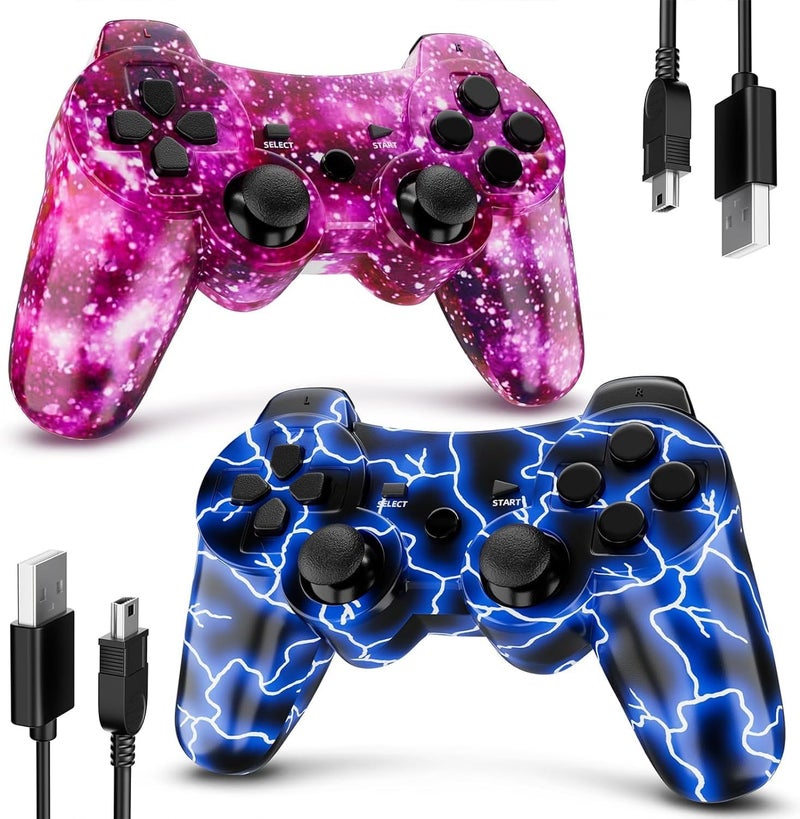 Degulan PS3 Controller Wireless, Gaming Remote Joystick for Playstation 3 with Charger Cable Cord (BlueFlash and PurpleSky) - Image 1