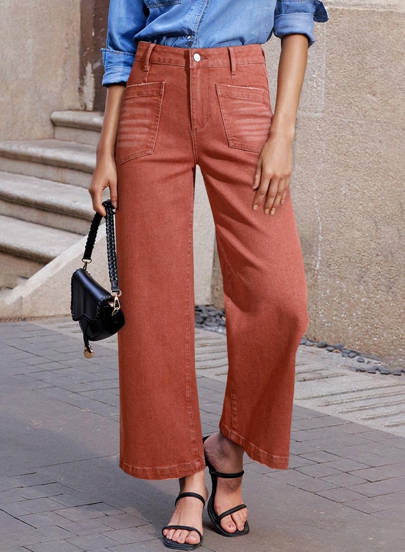 Sidefeel Wide Leg Jeans Woman High Waisted Straight Stretchy Jeans Trendy Loose Ankle Denim Pants Mineral Red Size 14 - Image 2