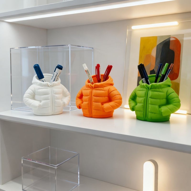 حامل قلم بغطاء جاكيت برتقالي مطبوع بتقنية 3D منظم مكتبي منزلي - Image 4