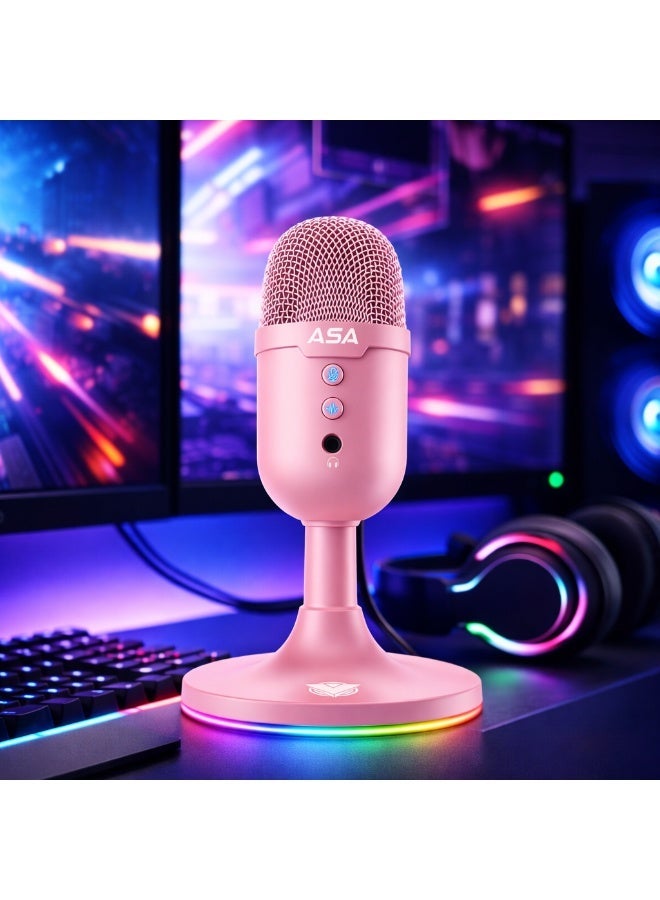 ASA MS100 RGB USB Condenser Microphone for Streaming, Gaming, YouTube & Podcasting | Noise Reduction, Plug & Play, RGB Backlight, Desktop Mic for PC & Laptop Pink - Image 3