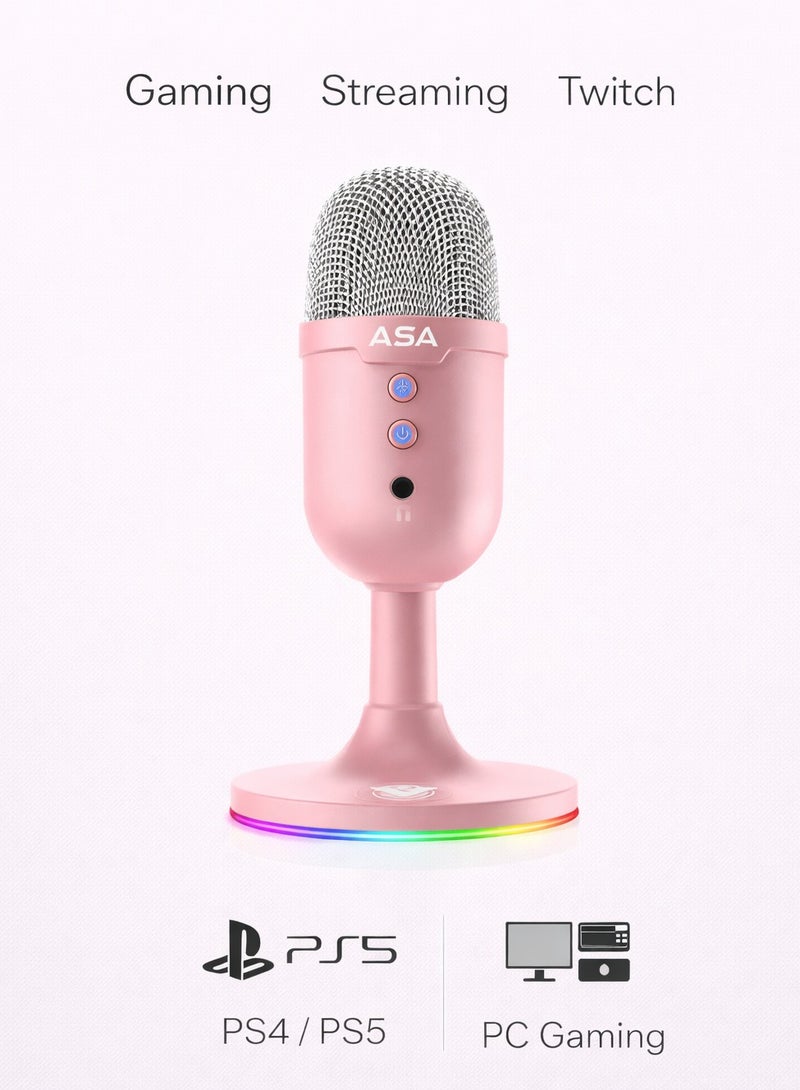 ASA MS100 RGB USB Condenser Microphone for Streaming, Gaming, YouTube & Podcasting | Noise Reduction, Plug & Play, RGB Backlight, Desktop Mic for PC & Laptop Pink - Image 1