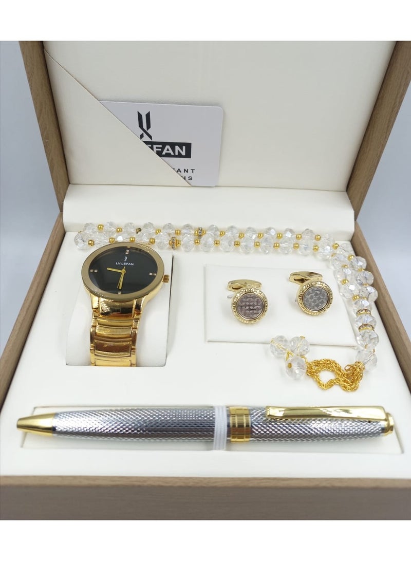 ANEMAR MAN A high-quality, elegant men's gift set including a watch, pen, prayer beads, cufflinks, and a gold bracelet with a black dial.