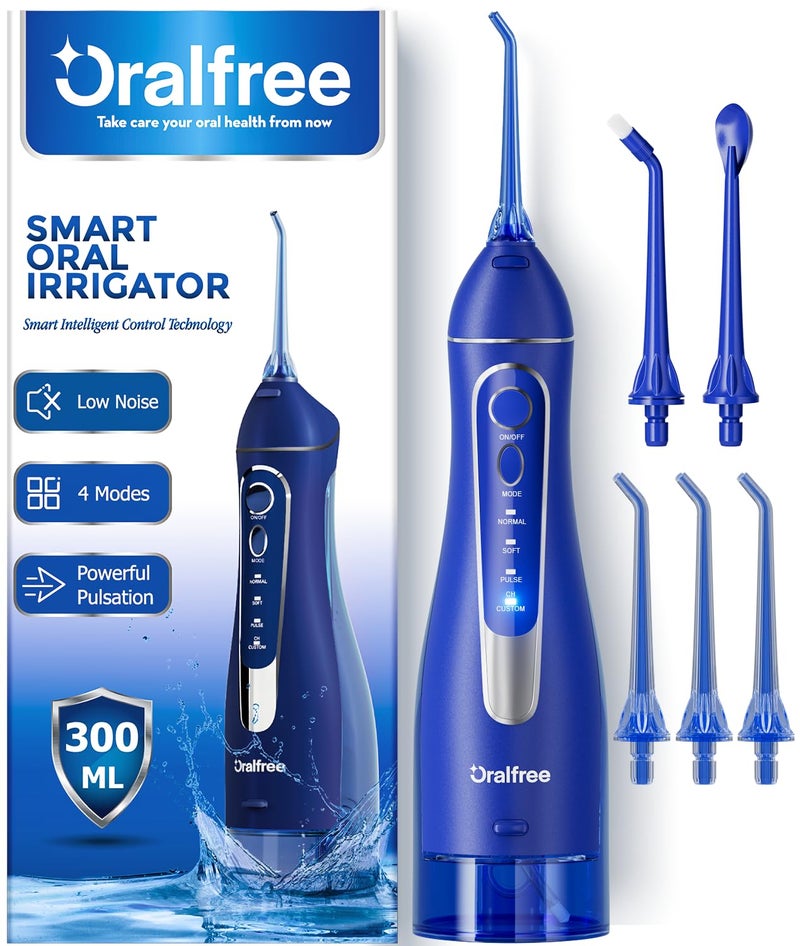 Oralfree Water Dental Flosser Cordless for Teeth Cleaning 4 Modes Oral Irrigator 300ML Braces Flossers Cleaner Rechargeable Portable IPX7 Waterproof Powerful Battery for Travel Home