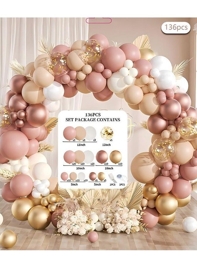 طقم قوس بالونات مكون من 136 قطعة باللون الوردي الفاتح والذهبي الشامباني، بالإضافة إلى بالونات كريمية محايدة لتزيين حفلات أعياد الميلاد وحفلات الزفاف وحفلات استقبال المولود. - Image 2