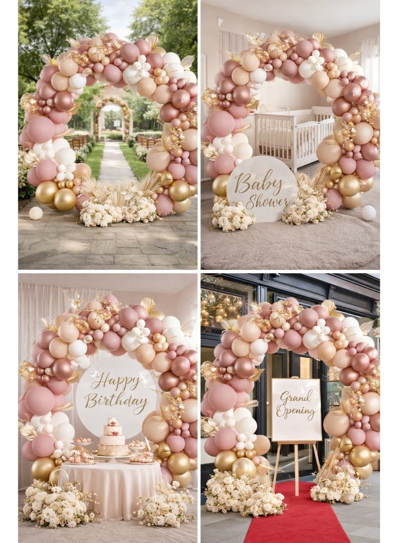 طقم قوس بالونات مكون من 136 قطعة باللون الوردي الفاتح والذهبي الشامباني، بالإضافة إلى بالونات كريمية محايدة لتزيين حفلات أعياد الميلاد وحفلات الزفاف وحفلات استقبال المولود. - Image 4