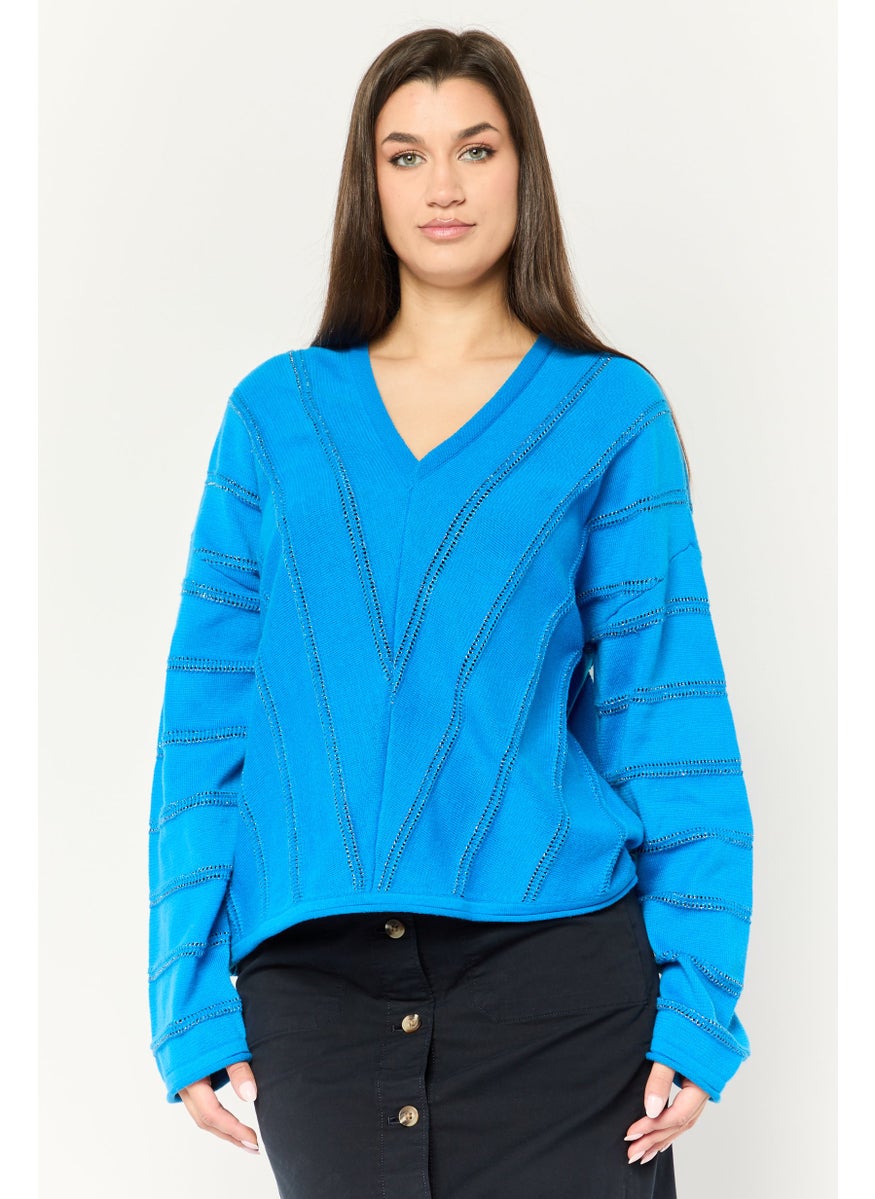 DKNY Women V Neck Textured Long Sleeves Sweater, Blue  - Image 1