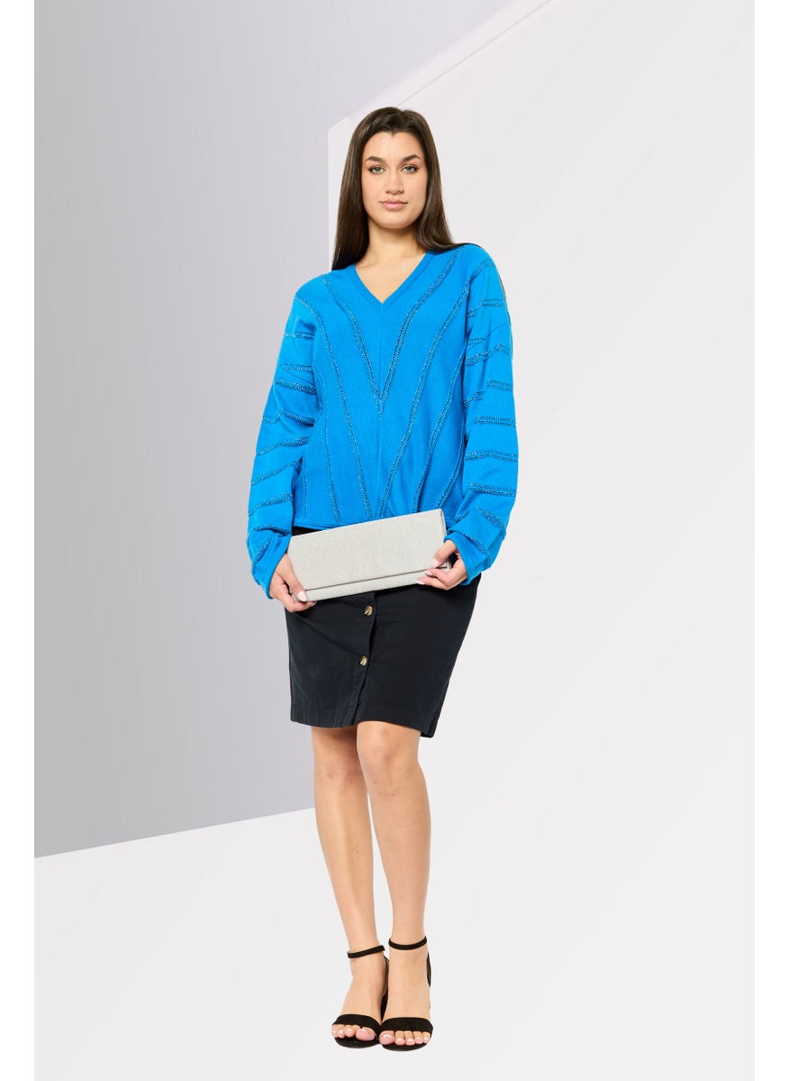 DKNY Women V Neck Textured Long Sleeves Sweater, Blue  - Image 3