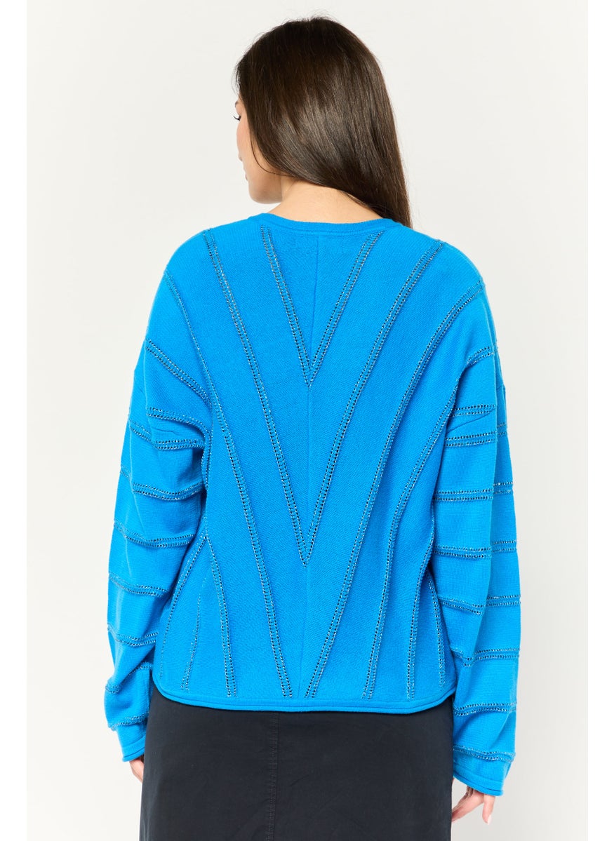 DKNY Women V Neck Textured Long Sleeves Sweater, Blue  - Image 2