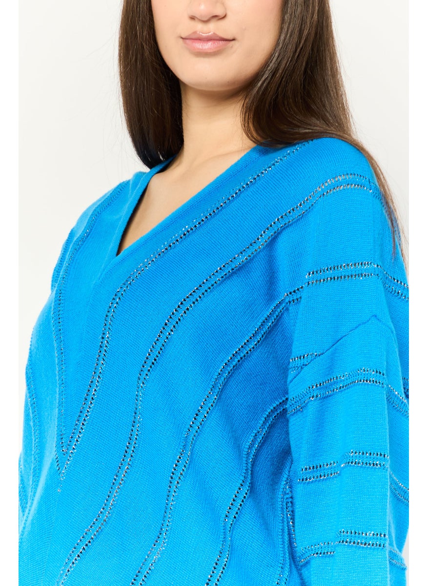 DKNY Women V Neck Textured Long Sleeves Sweater, Blue  - Image 4