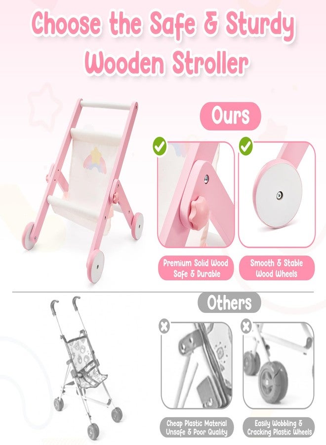 FUNLIO Wooden Doll Stroller for Toddlers 12 Months+, Adorable Pink Baby Doll Strollers for Pretend Play, Rounded Corner & Stable Triangular Structure, Easy to Assemble & Fold, CPC & CE Certified - Image 3