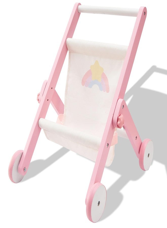 FUNLIO Wooden Doll Stroller for Toddlers 12 Months+, Adorable Pink Baby Doll Strollers for Pretend Play, Rounded Corner & Stable Triangular Structure, Easy to Assemble & Fold, CPC & CE Certified - Image 1
