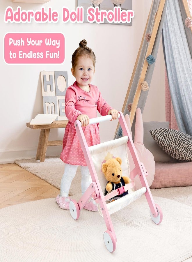 FUNLIO Wooden Doll Stroller for Toddlers 12 Months+, Adorable Pink Baby Doll Strollers for Pretend Play, Rounded Corner & Stable Triangular Structure, Easy to Assemble & Fold, CPC & CE Certified - Image 2