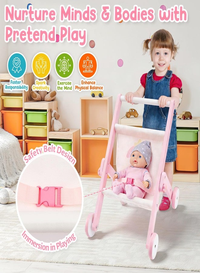 FUNLIO Wooden Doll Stroller for Toddlers 12 Months+, Adorable Pink Baby Doll Strollers for Pretend Play, Rounded Corner & Stable Triangular Structure, Easy to Assemble & Fold, CPC & CE Certified - Image 5