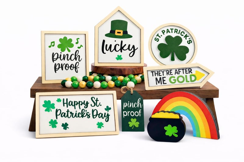 Zaycca 8PCS St. Patrick's Day Table Decoration Set â€“ Shamrocks Wooden Signs, Rustic Irish Decor, Happy St. Patrick's Day Centerpiece Sign for Home, Shelf & Party Tiered Tray Decor - Image 1