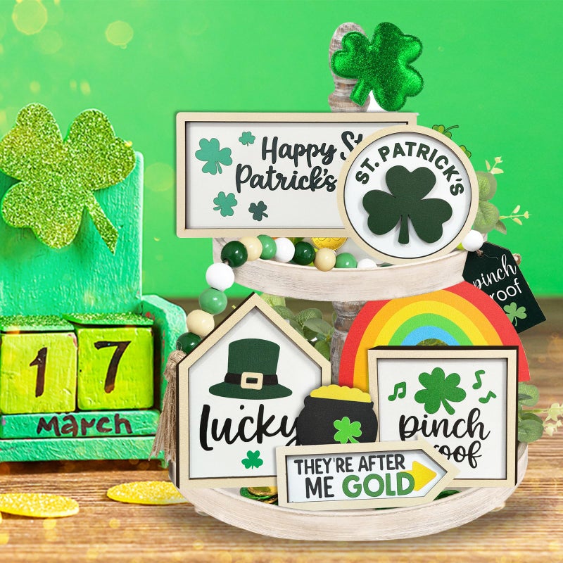 Zaycca 8PCS St. Patrick's Day Table Decoration Set â€“ Shamrocks Wooden Signs, Rustic Irish Decor, Happy St. Patrick's Day Centerpiece Sign for Home, Shelf & Party Tiered Tray Decor - Image 5