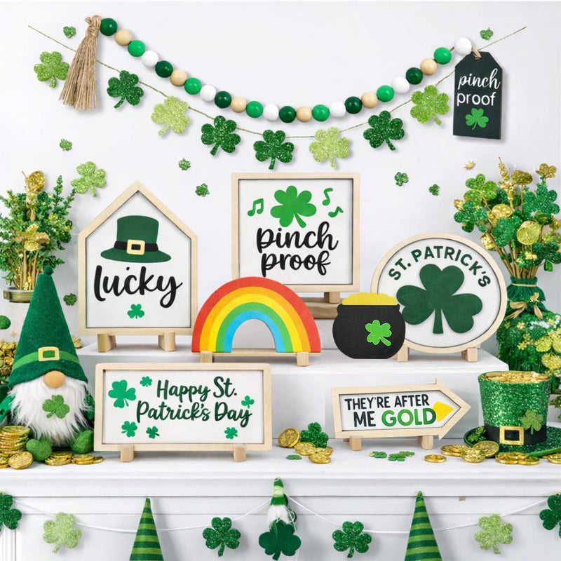 Zaycca 8PCS St. Patrick's Day Table Decoration Set â€“ Shamrocks Wooden Signs, Rustic Irish Decor, Happy St. Patrick's Day Centerpiece Sign for Home, Shelf & Party Tiered Tray Decor - Image 3