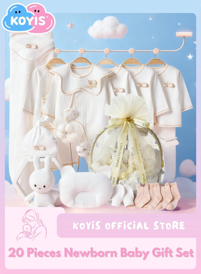 كويس مجموعة هدايا مواليد مكونة من 20 قطعة - مجموعة هدايا للمواليد الجدد، تتضمن ملابس وإكسسوارات للأطفال: قبعة، جوارب، وسادة، بطانية، ولعبة، مصنوعة من قطن فاخر، مناسبة لجميع الفصول (الربيع، الصيف، الخريف، الشتاء)، من عمر 0 ​​إلى 3 أشهر - تصميم ملاك - Image 1