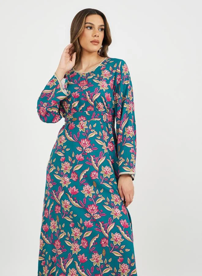 Styli All-Over Floral Print Lace Trims Jalabiya with Waist Tie Details
