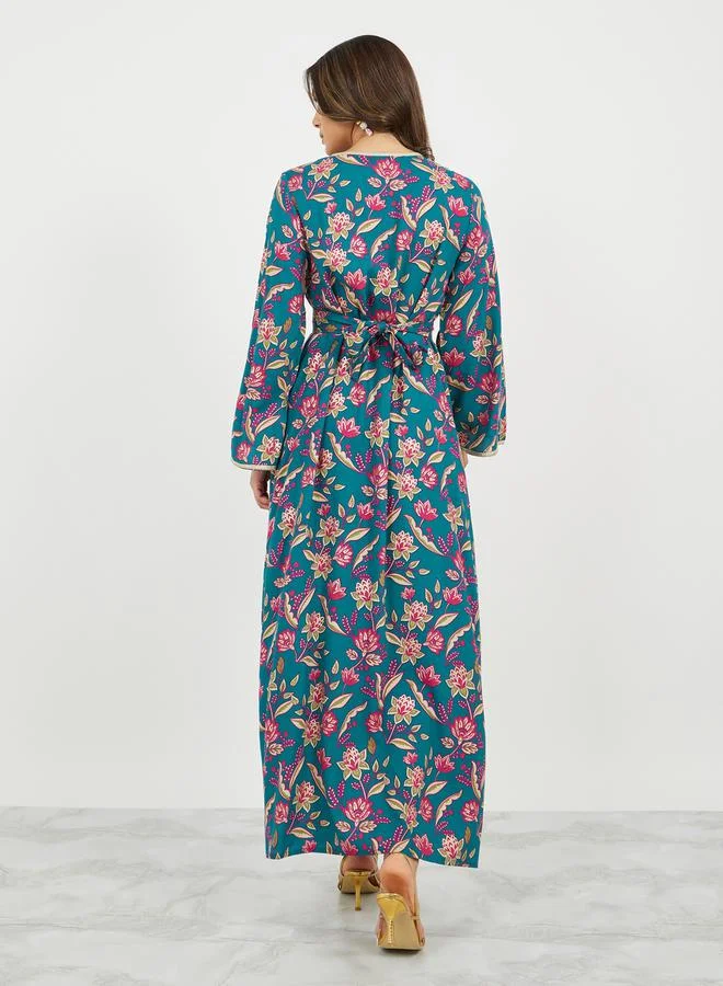 Styli All-Over Floral Print Lace Trims Jalabiya with Waist Tie Details