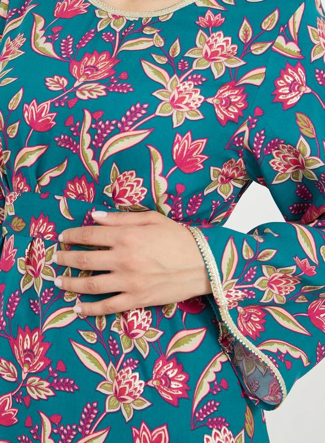 Styli All-Over Floral Print Lace Trims Jalabiya with Waist Tie Details