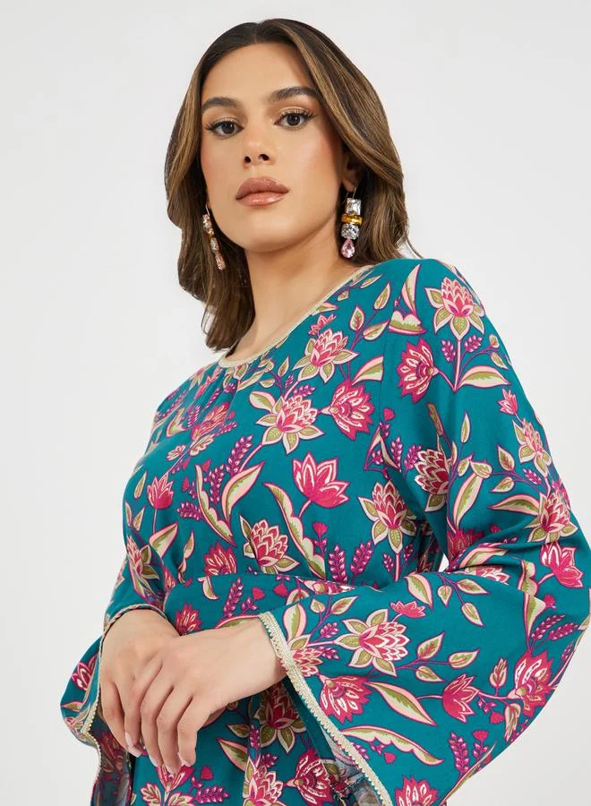 Styli All-Over Floral Print Lace Trims Jalabiya with Waist Tie Details