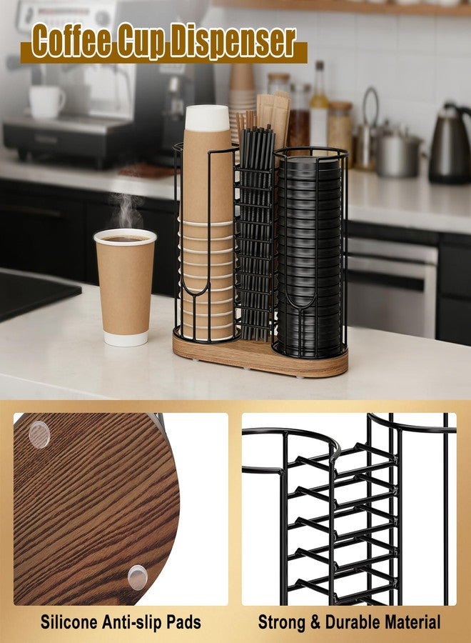 BSTSLL Coffee Cup Dispenser Rack with Wood Base, 18oz Cup Holder Organizer for Storing Paper Cups, Straws, Lids and Disposable Tableware(3-compartment) - Image 3