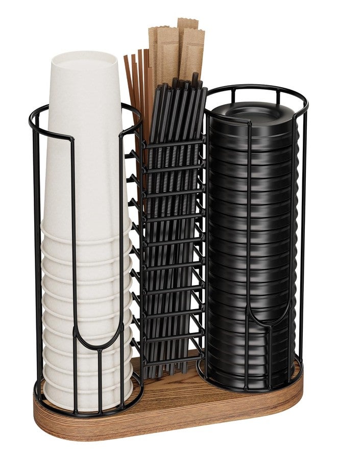 BSTSLL Coffee Cup Dispenser Rack with Wood Base, 18oz Cup Holder Organizer for Storing Paper Cups, Straws, Lids and Disposable Tableware(3-compartment) - Image 1