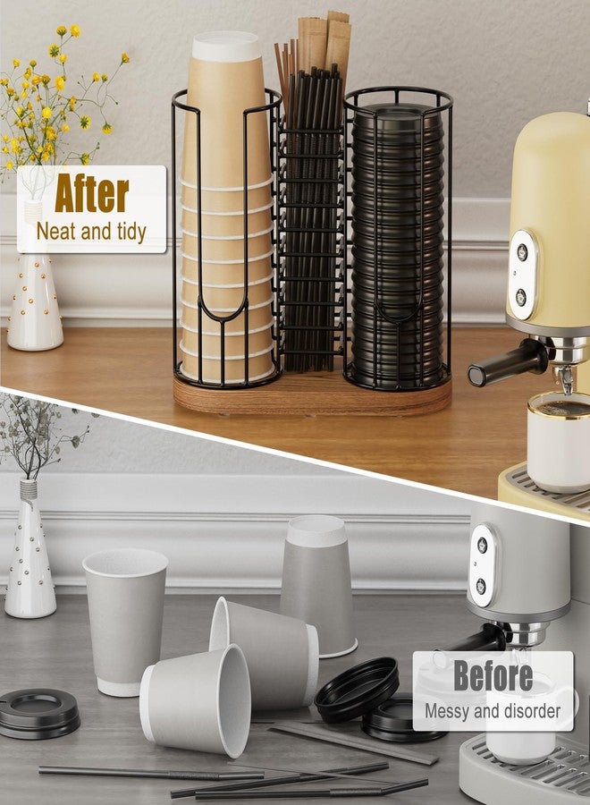 BSTSLL Coffee Cup Dispenser Rack with Wood Base, 18oz Cup Holder Organizer for Storing Paper Cups, Straws, Lids and Disposable Tableware(3-compartment) - Image 4