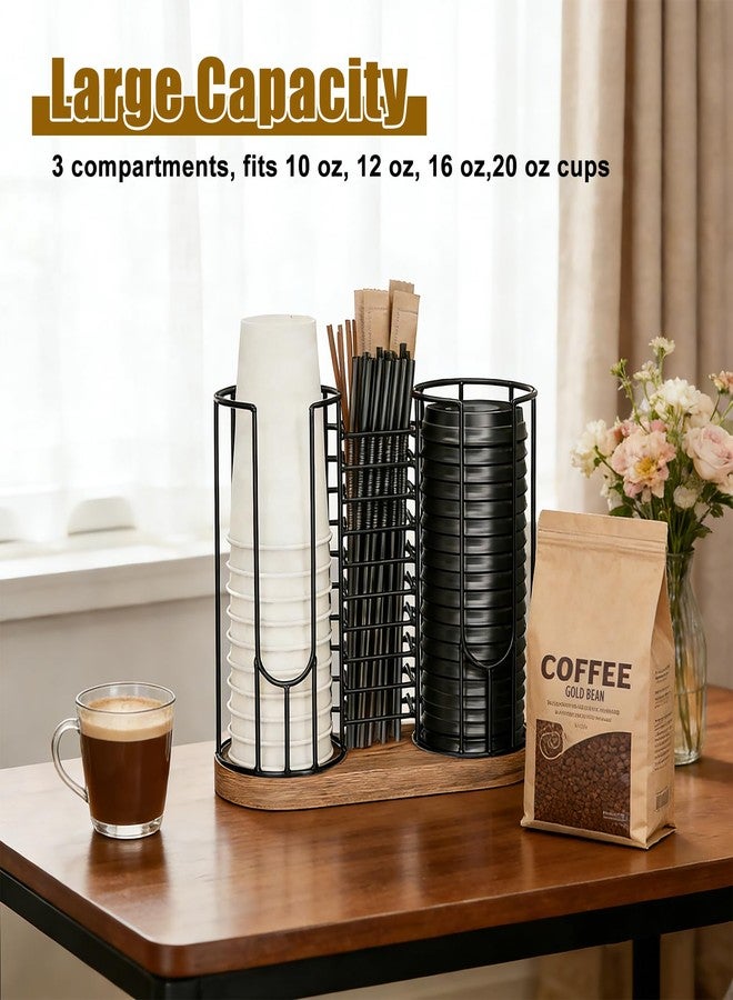 BSTSLL Coffee Cup Dispenser Rack with Wood Base, 18oz Cup Holder Organizer for Storing Paper Cups, Straws, Lids and Disposable Tableware(3-compartment) - Image 5