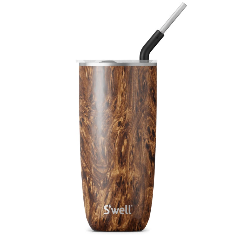 S'well Swell Stainless Steel Tumbler with Straw and SlideOpen Lid 24oz Teakwood Triple Layered Vacuum Insulated Containers Keeps Drinks Cold for 18 Hours and Hot for 5 BPA Free 