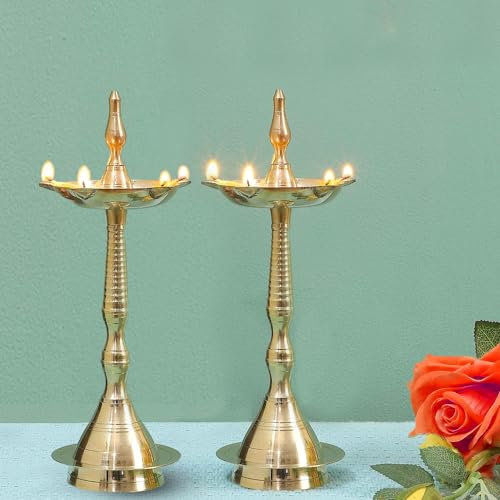 Hashcart Brass Kerala Diya for Puja 14 inch Set of 2 Diya for Pooja Kutthu Vilakku Samai Diya for Puja Diwali Decorations Indian Diwali Gifts Hashcart - Image 1
