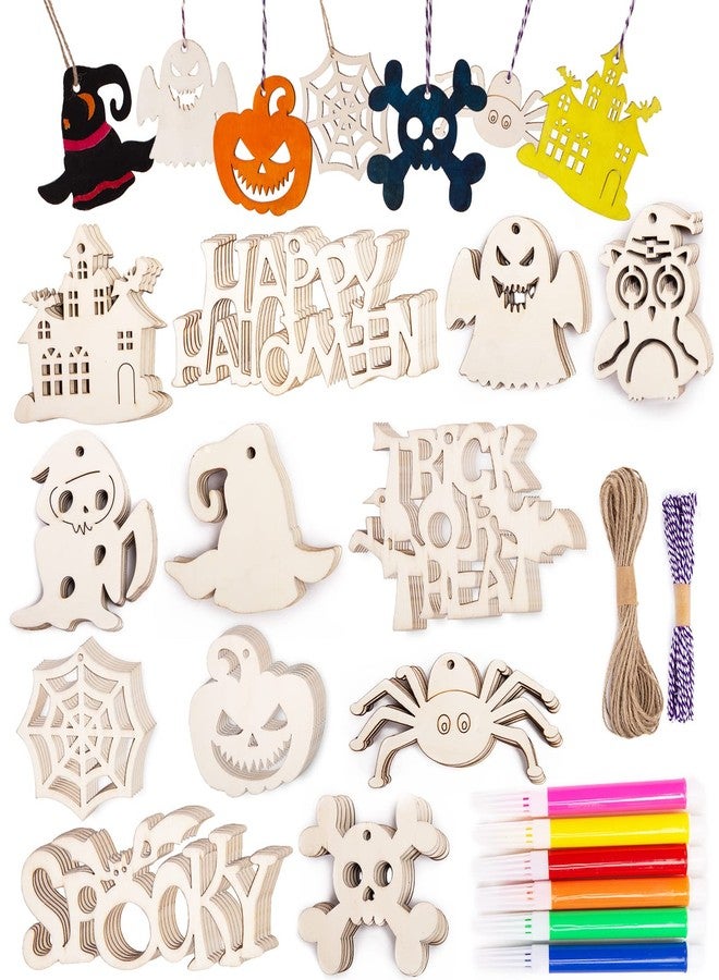 Shindel Halloween Crafts for Kids, 72PCS Wooden Halloween Decorations, 12 Styles Unfinished Wood Cutouts, Wood Ornaments for DIY Gifts Home Office Party Yard Hanging - Image 1