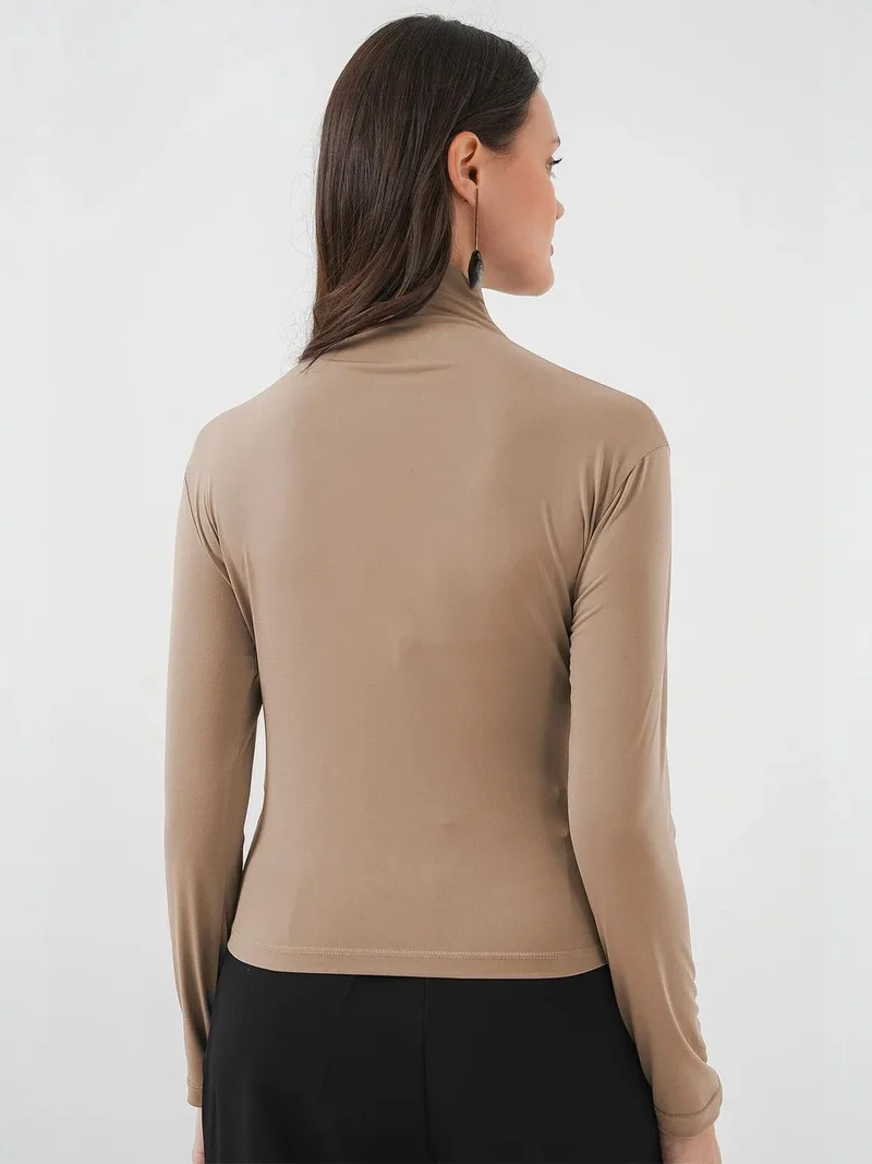 Big Dart Beige Natural BDART Fitted Turtleneck Blouse with Drape Detail for Women | Best Price UAE