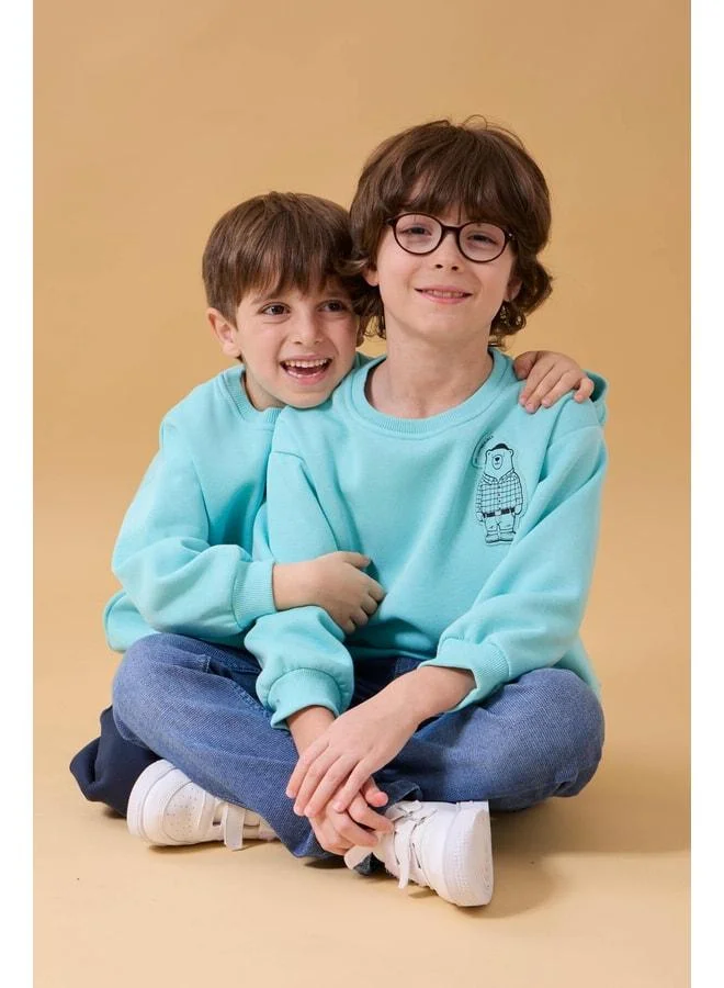 Perendi Boy's Bike Neck Bear Print Sweatshirt Light Green.